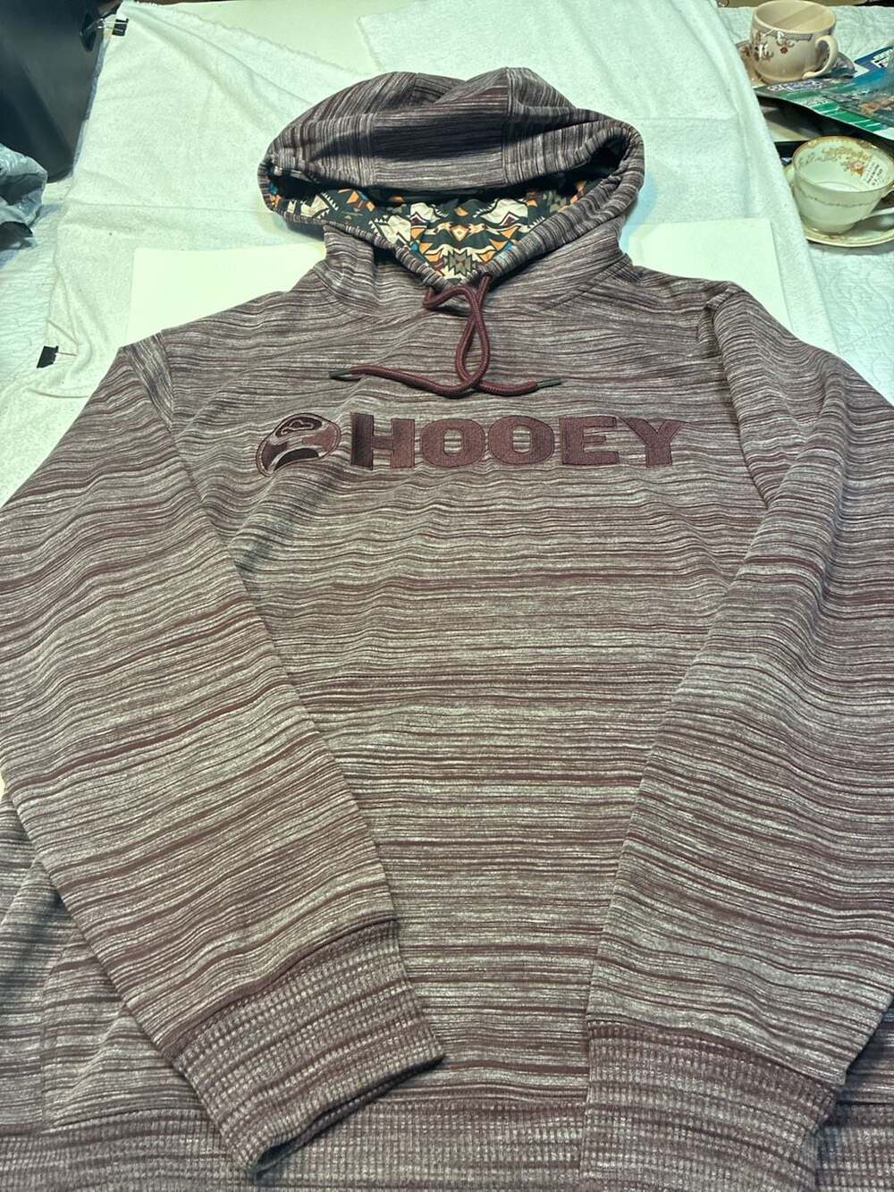 Hooey Lock-Up Burgundy Pullover Hoodie with Aztec Lined Hood Size L